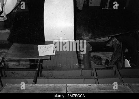 An interior view of damage caused to the aircraft carrier USS MIDWAY (CV41) when it collided with the Panamanian freighter CACTUS. Base: Naval Station, Subic Bay State: Luzon Country: Philippines (PHL) Stock Photo