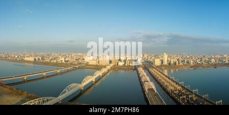 Series of bridges over the Yodo River in central Osaka in early morning Stock Photo