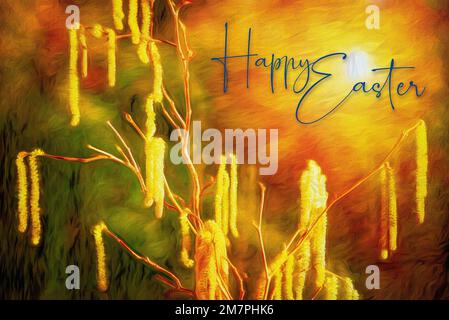 EASTER SUBJECT DESIGN: Hazel Catkins (lat: Corylus avellana) or Happy Easter Stock Photo