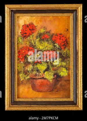 Framed still life acrylic painting depicting red geranium flowers in a red vase. Beautiful impressionist style floral painting. Stock Photo