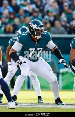 PHILADELPHIA, PA - DECEMBER 04: Philadelphia Eagles offensive tackle Andre  Dillard (77) sets up to block during the game between the Tennessee Titans  and the Philadelphia Eagles on December 4, 2022 at