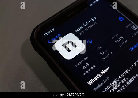 Note app in App Store on iPhone. Note is a Japanese SNS that allows users to post own works such as a piece of writing, photographs, Manga, music, etc Stock Photo