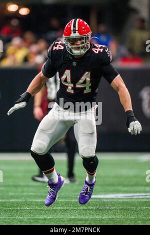 Atlanta Falcons linebacker Troy Andersen (44) works during the first half  of an NFL football game against the Pittsburgh Steelers, Sunday, Dec. 4,  2022, in Atlanta. The Pittsburgh Steelers won 19-16. (AP