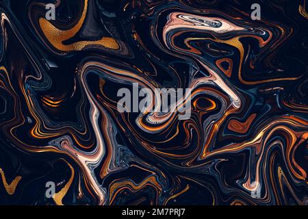 Abstract marble background with gold waves and curls. Liquid marbled dark blue, orange golden luxury texture. Natural fluid art painting in alcohol Stock Photo