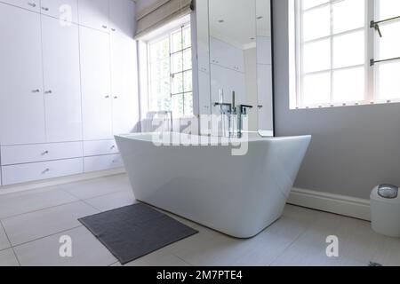 Free standing bath in luxury modern bathroom at home, with copy space Stock Photo