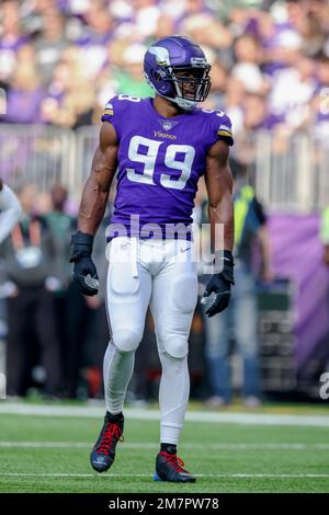 Minnesota Vikings defensive end Danielle Hunter (99) walks on the sideline  during the first half of