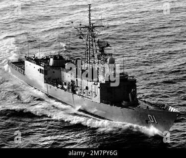 An aerial starboard bow view of the frigate USS BRADLEY (FF-1041 ...