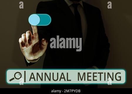 Handwriting text Annual Meeting. Conceptual photo Yearly gathering of an organization interested shareholders Stock Photo