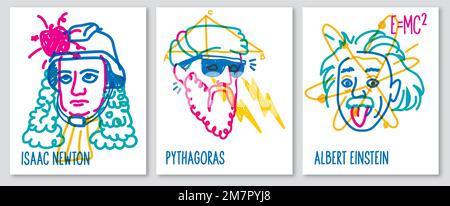 Poster of famous scientist Pythagoras, Albert Einstein, Isaak Newton, line illustration Stock Vector