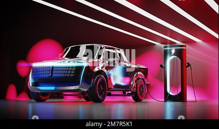 Electric truck car at charging station  red smoke and light on dark background. EV concept. 3d illustration Stock Photo