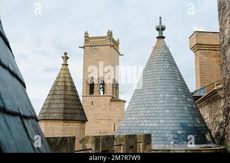 View of the historic town of Olite in Navarra, Spain, with a castle visited by tourists. Stock Photo