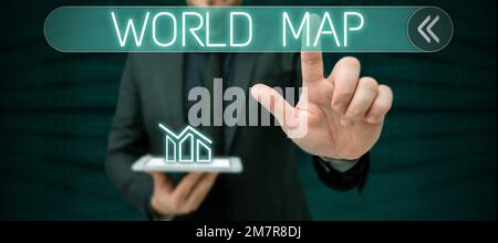 Writing displaying text World Map. Word Written on a diagrammatic representation of the surface of the earth Stock Photo