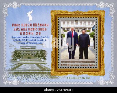 2019 North Korean commemorative stamp sheet featuring Supreme Leader Kim Jong Un and US President Donald Trump meeting at Panmunjom. Stock Photo