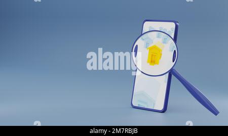 Magnifying find searching Asset Warehouse from smartphone. 3d rendering. Stock Photo
