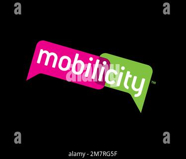 Mobilicity, rotated logo, black background B Stock Photo