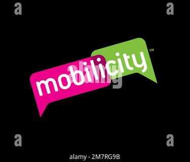 Mobilicity, rotated logo, black background Stock Photo