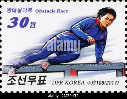 2017 North Korea stamp set. National defence sports. Obstacle race Stock Photo