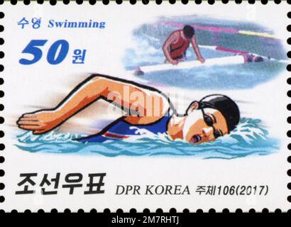 2017 North Korea stamp set. National defence sports. Swimming Stock Photo