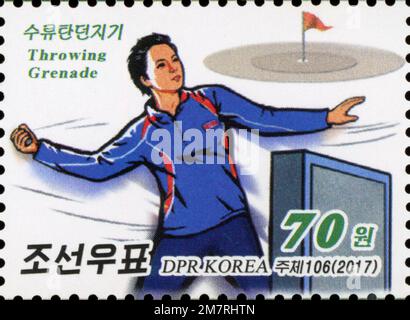 2017 North Korea stamp set. National defence sports.Throwing grenade Stock Photo