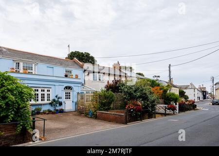 Street scene with houses in Budleigh Salterton, a small, unspoilt coastal town in East Devon on the Jurassic Coast, south-west England Stock Photo
