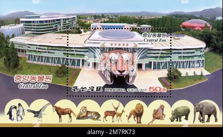 2017 North Korea stam set. Pyongyang Central ZOO. Tiger head entrance. Stock Photo