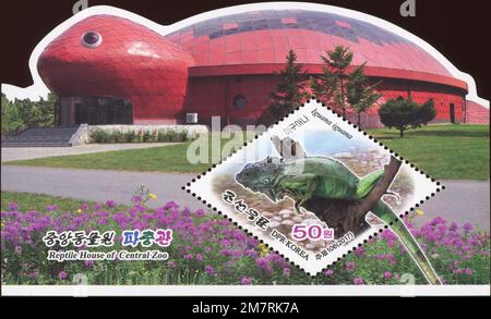 2017 North Korea stam set. Pyongyang Central ZOO. Reptile house, Green iguana, Iguana iguana Stock Photo