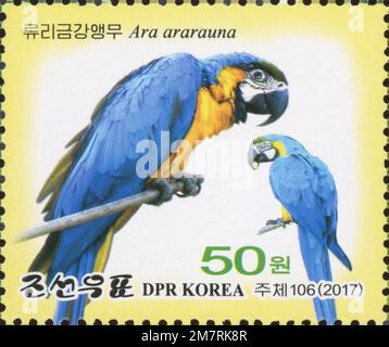 2017 North Korea stam set. Pyongyang Central ZOO. Aviary, Blue-and-yellow macaw, Ara ararauna Stock Photo