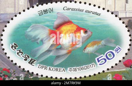 2017 North Korea stam set. Pyongyang Central ZOO. Aquarium, goldfish, carassius auratus Stock Photo