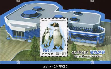 2017 North Korea stam set. Pyongyang Central ZOO. Penguin house. Humboldt penguin, spheniscus humboldti Stock Photo