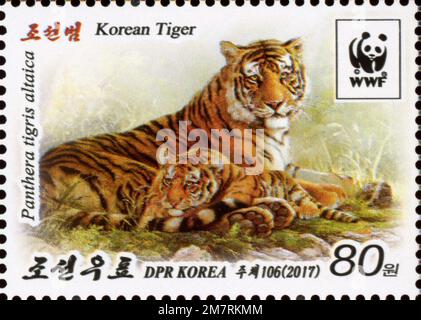 2017 North Korea stamp set. Korean Tiger, Panthera tigris altaica Stock Photo