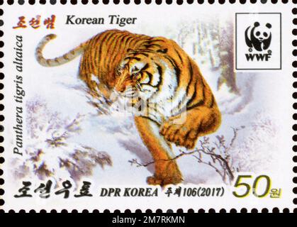 2017 North Korea stamp set. Korean Tiger, Panthera tigris altaica Stock Photo