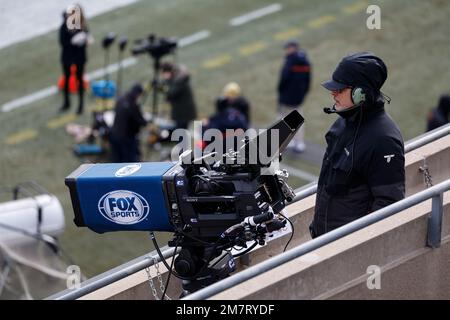 A FOX Sports television camera operator works from a mobile elevated  position during the first half of an NFL football game between the  Jacksonville Jaguars and the Atlanta Falcons, Sunday, Nov. 28