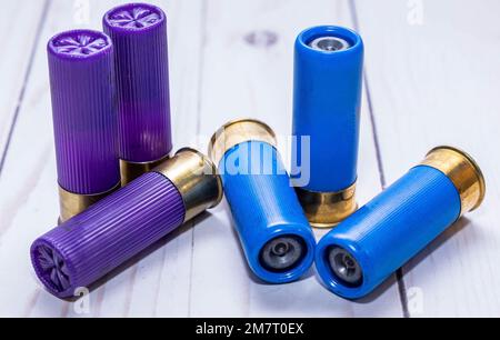 Six 12 gauge shotgun shells, three purple bird shot and three blue slugs on a white wooden background Stock Photo