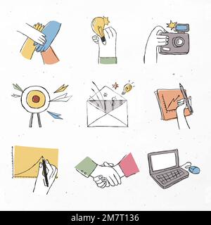 Colorful teamwork icons vector with doodle art design set Stock Vector