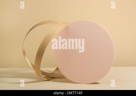 Minimalist geometry shape wooden scene. Abstract minimal empty stage with wooden circle. Mockups display for product presentation. Design element. Stock Photo