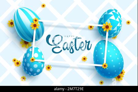 Happy easter text vector design. Easter holiday season with color blue eggs elements in pattern background. Vector Illustration. Stock Vector