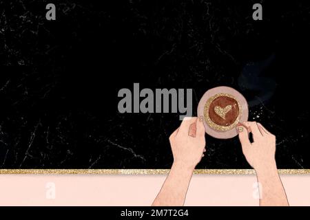 Cute heart coffee vector black glittery marble texture background Stock Vector