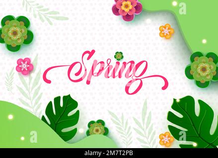 Spring greeting vector background design. Spring text with water color flowers and leaves decoration elements for holiday season background. Stock Vector