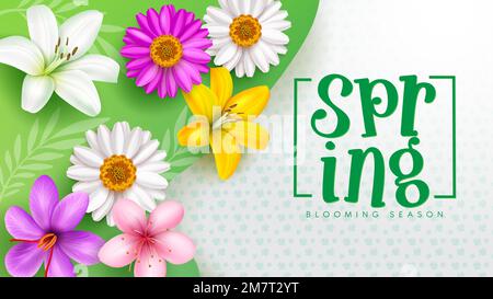 Spring flowers vector template design. Spring blooming season text with fresh and beautiful flower elements for greeting card background. Stock Vector
