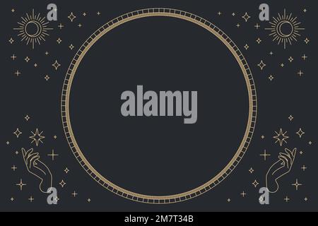 Two open hands vector round frame linear style on black background Stock Vector
