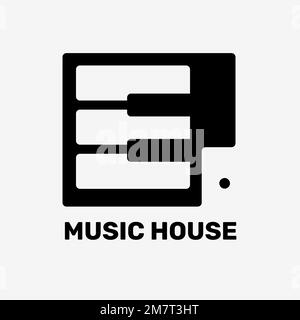 Editable piano key logo vector flat design with music house text in black and white Stock Vector