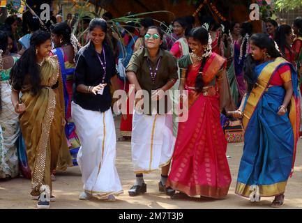 Chennai, India, 11/01/2023, Students wearing traditional attire make ...