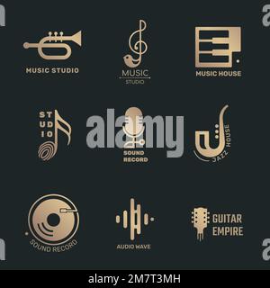 Minimal flat music logo vector design set in black and gold Stock Vector