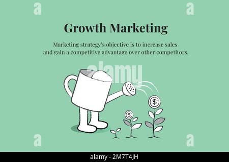 Growth marketing editable template vector with watering can doodle business illustration Stock Vector