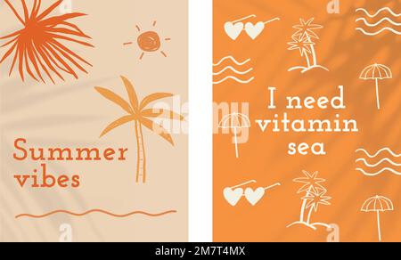 Editable summer flyer templates vector with cute doodle set Stock Vector