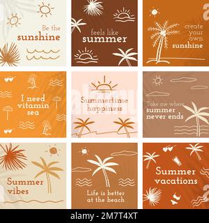 Editable summer templates vector with cute doodle set for social media post Stock Vector
