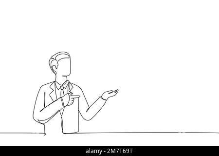 Cartoon of happy confident businessman showing presentation, pointing paper placard. Single continuous line art style Stock Vector