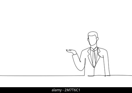Drawing of young man holding copyspace imaginary on the palm to insert an ad. Single line art style Stock Vector