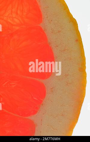 Fresh organic grapefruit slice on white background. Grapefruit close-up. Slice of blood red ripe grapefruit. Texture of red juicy grapefruit. Macro ve Stock Photo
