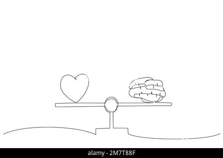 Drawing of brain and heart on a balance scale. Single continuous line art Stock Vector